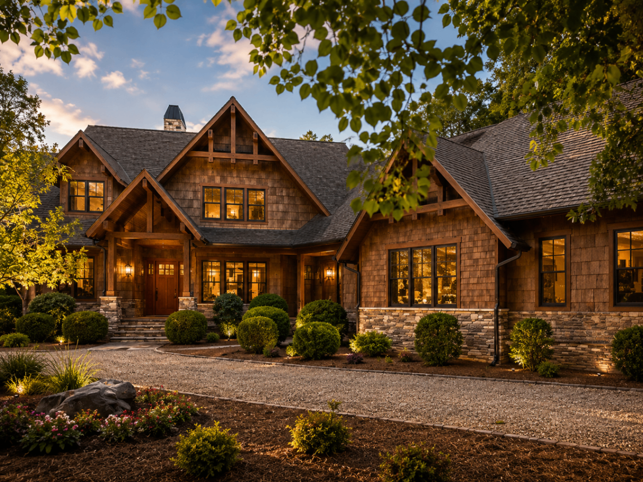 Timber-frame mountain-craftsman residence at The Sanctuary at twilight, with cedar shake siding and stacked-stone base