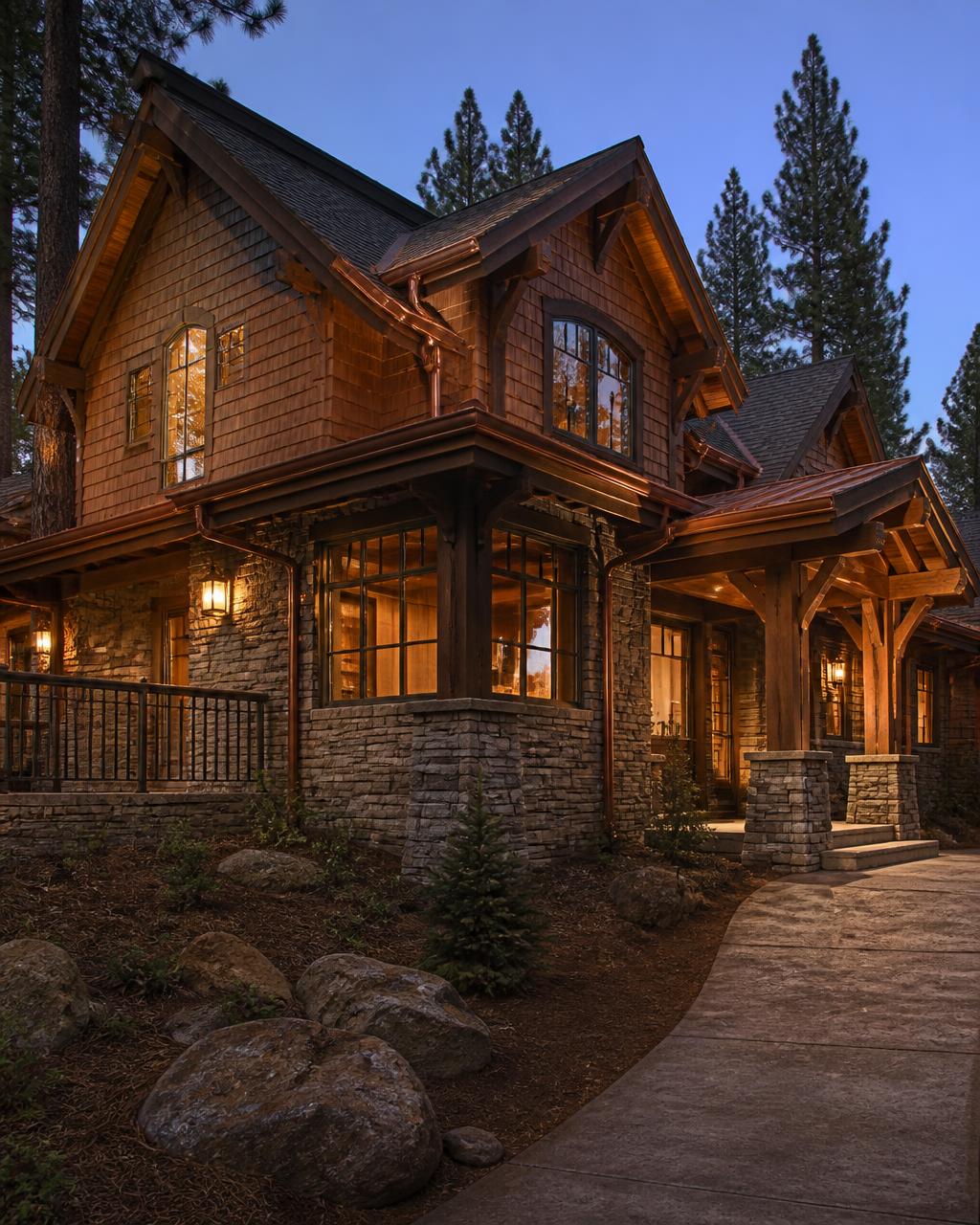 Timber-frame mountain-craftsman residence at The Sanctuary at twilight, with cedar shake siding and stacked-stone base