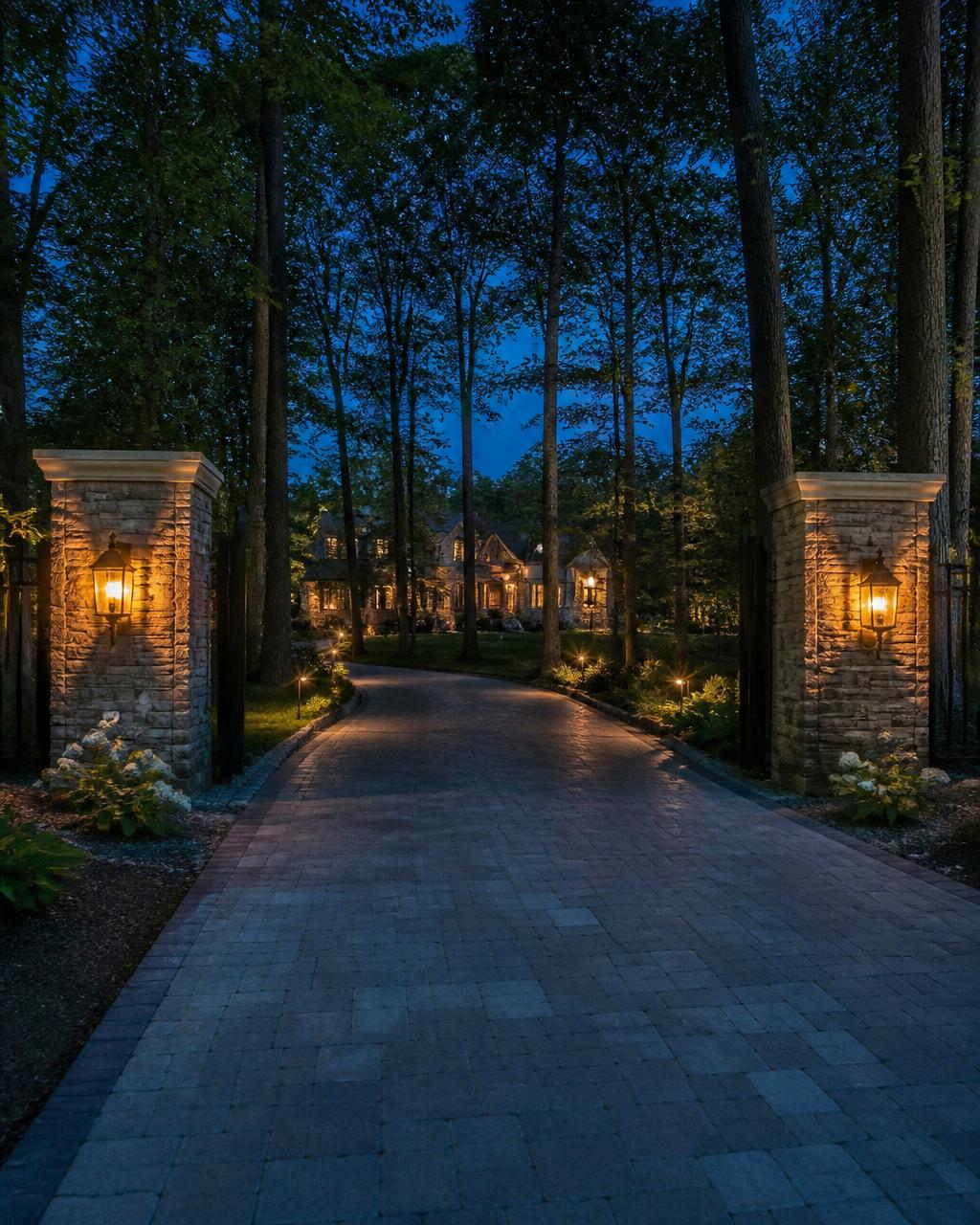 Lantern-lit stone-pillar driveway approach to a Sanctuary custom home at dusk