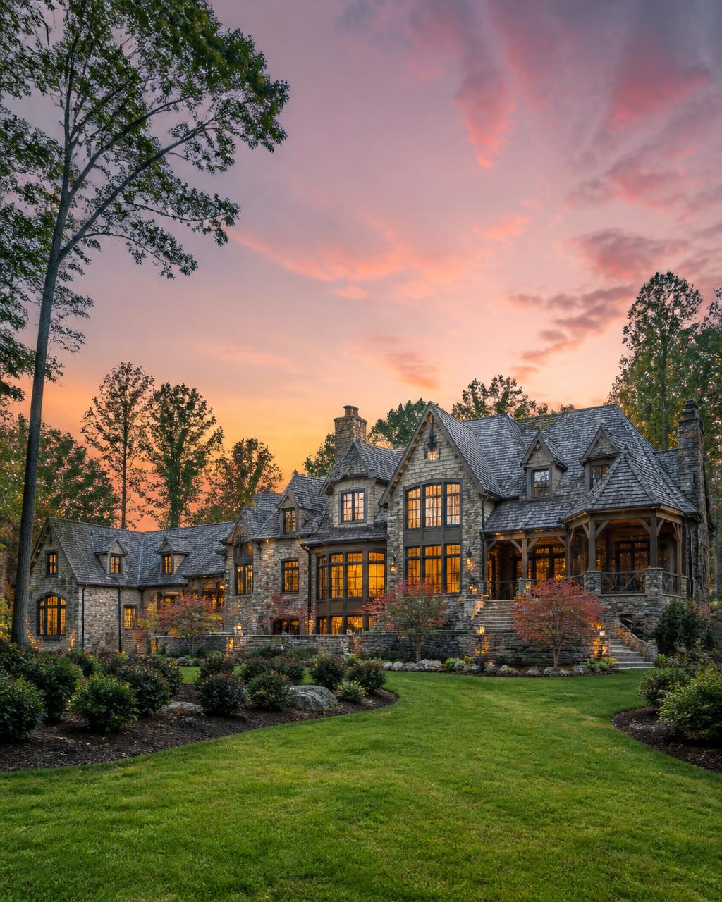 Stone-and-shingle Sanctuary estate glowing at sunset beneath a pink and violet sky