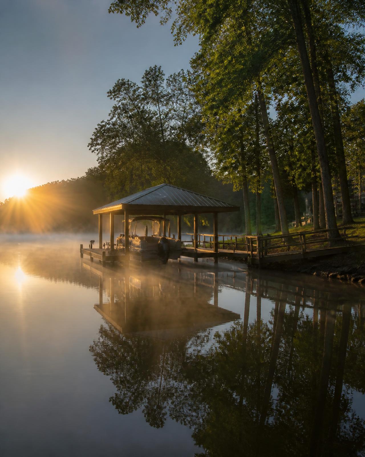 Sunrise mist on Lake Wylie shoreline with a private dock