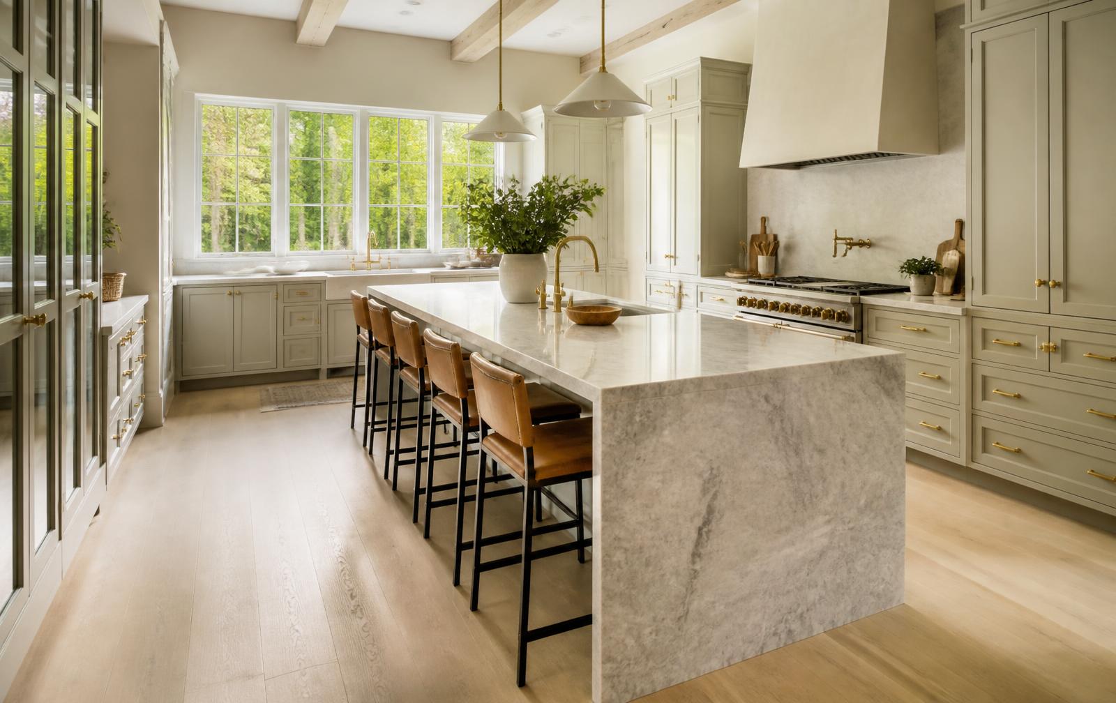 Custom kitchen with a marble island, inset cabinetry, and European white oak floors