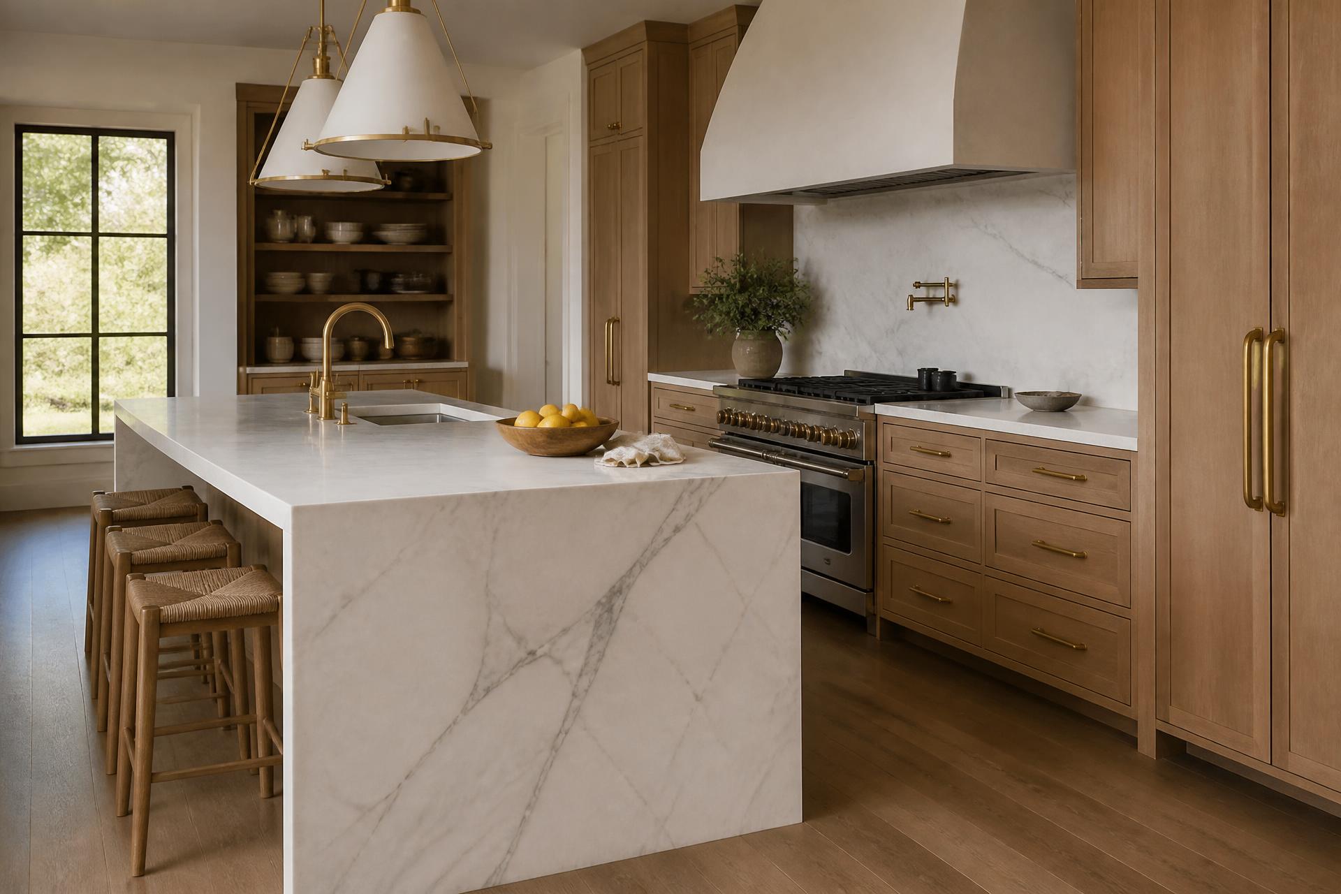 Luxury designer kitchen with European white oak and marble at The Sanctuary