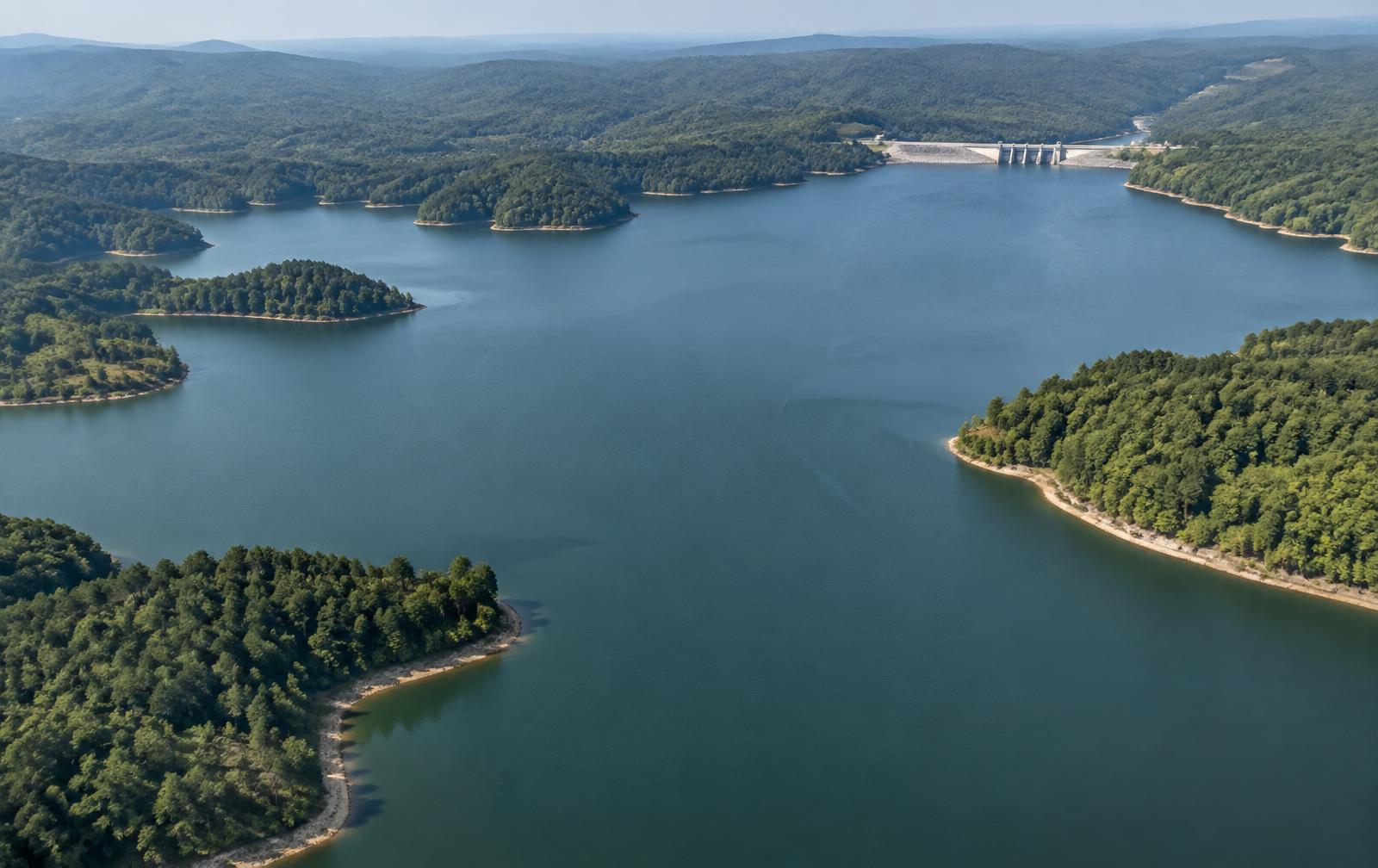 Aerial view of a wooded Carolina reservoir with coves and a distant dam on a clear morning