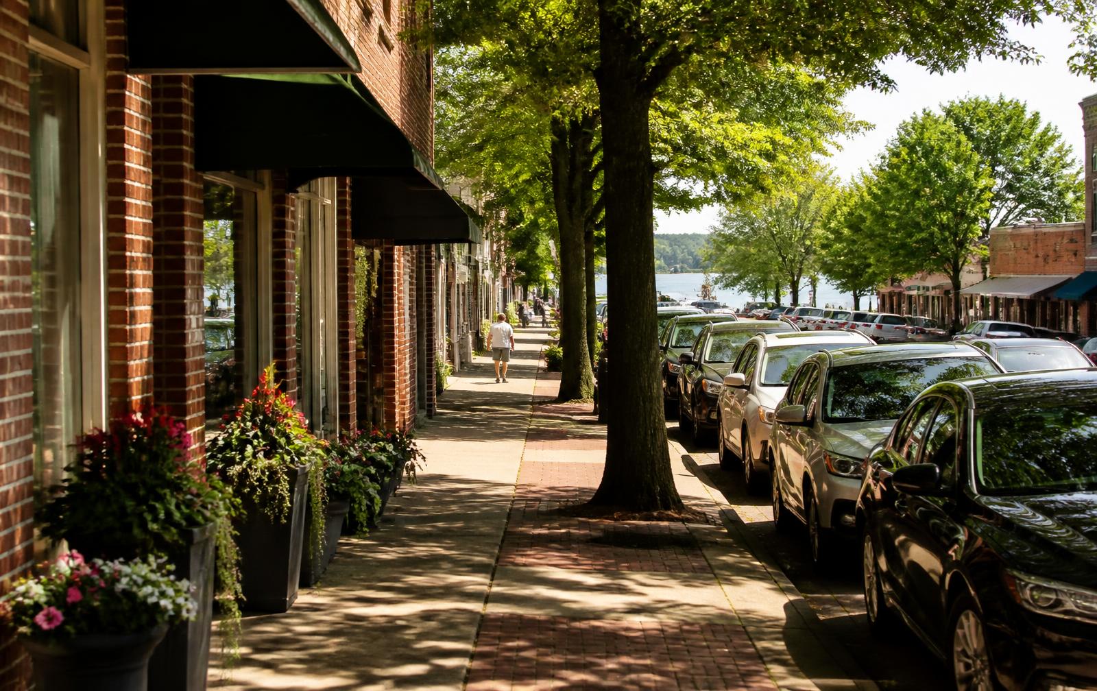 Tree-shaded brick storefronts on a lakeside Carolina main street