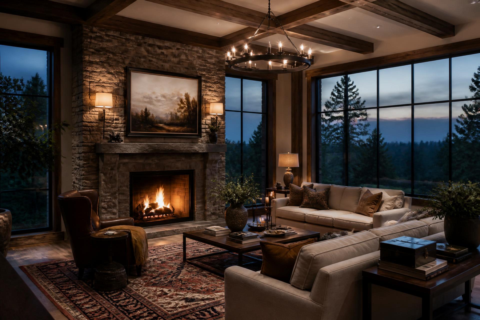 Luxury living room with motorized shades and integrated smart home at dusk
