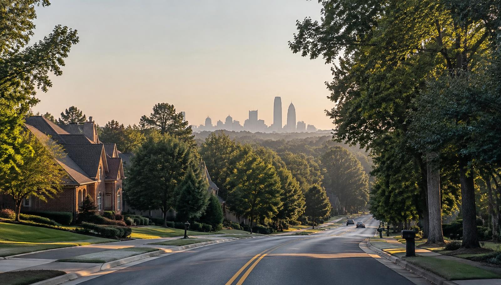 Tree-lined suburban parkway in southwest Charlotte at sunrise with the distant Charlotte skyline on the horizon